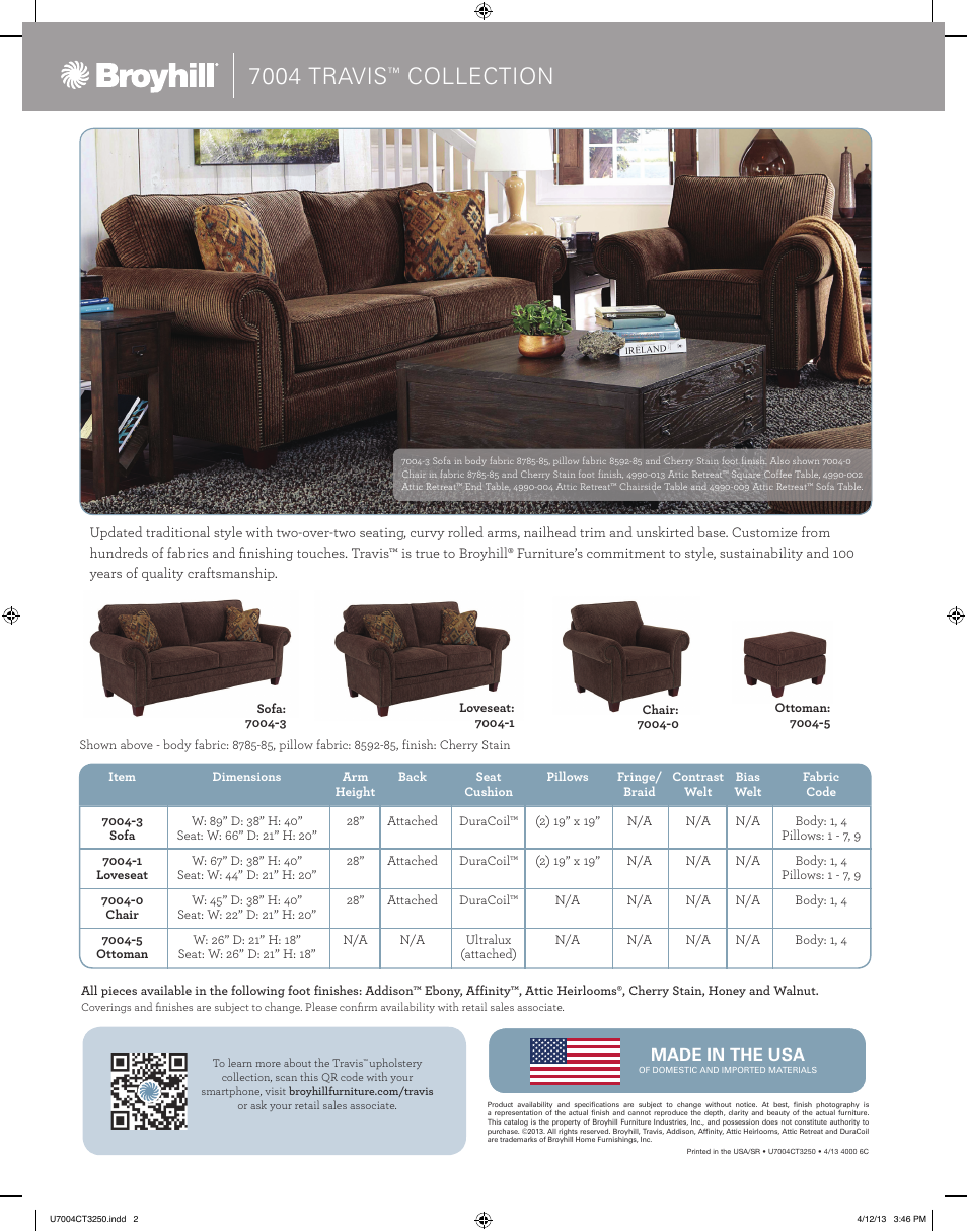 7004 travis, Collection | Broyhill TRAVIS SOFA, CHAIRS, OTTOMAN Product Details User Manual | Page 2 / 2