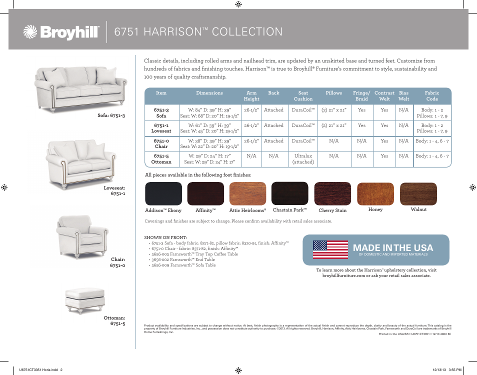 6751 harrison, Collection, Made in the usa | Broyhill HARRISON SOFA, CHAIRS, OTTOMAN Product Details User Manual | Page 2 / 2