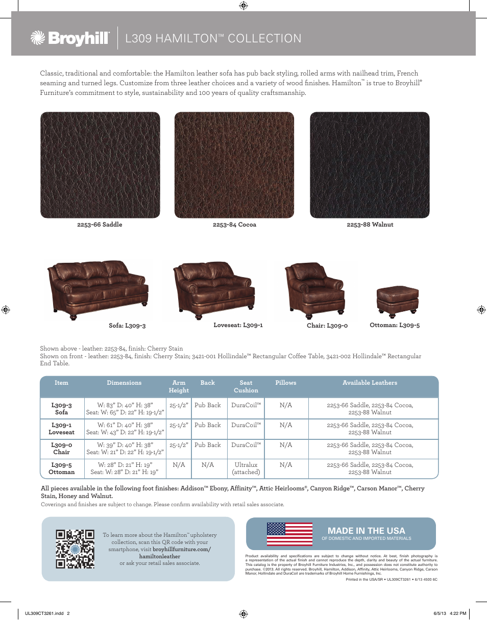 L309 hamilton, Collection | Broyhill HAMILTON LEATHER SOFA, CHAIRS Product Details User Manual | Page 2 / 2