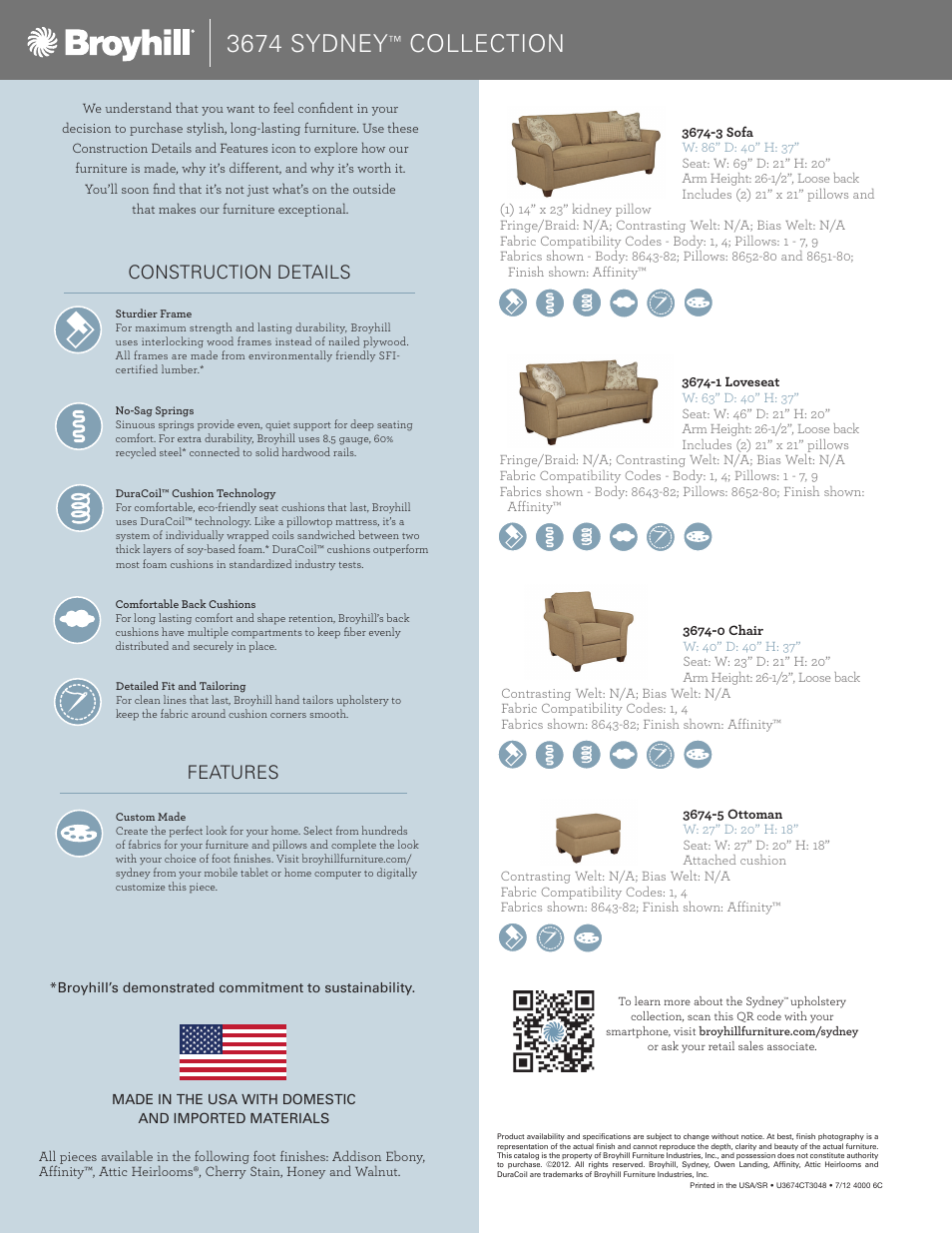 3674 sydney, Collection, Construction details features | Broyhill SYDNEY SOFA, CHAIRS, OTTOMAN Product Details User Manual | Page 2 / 2