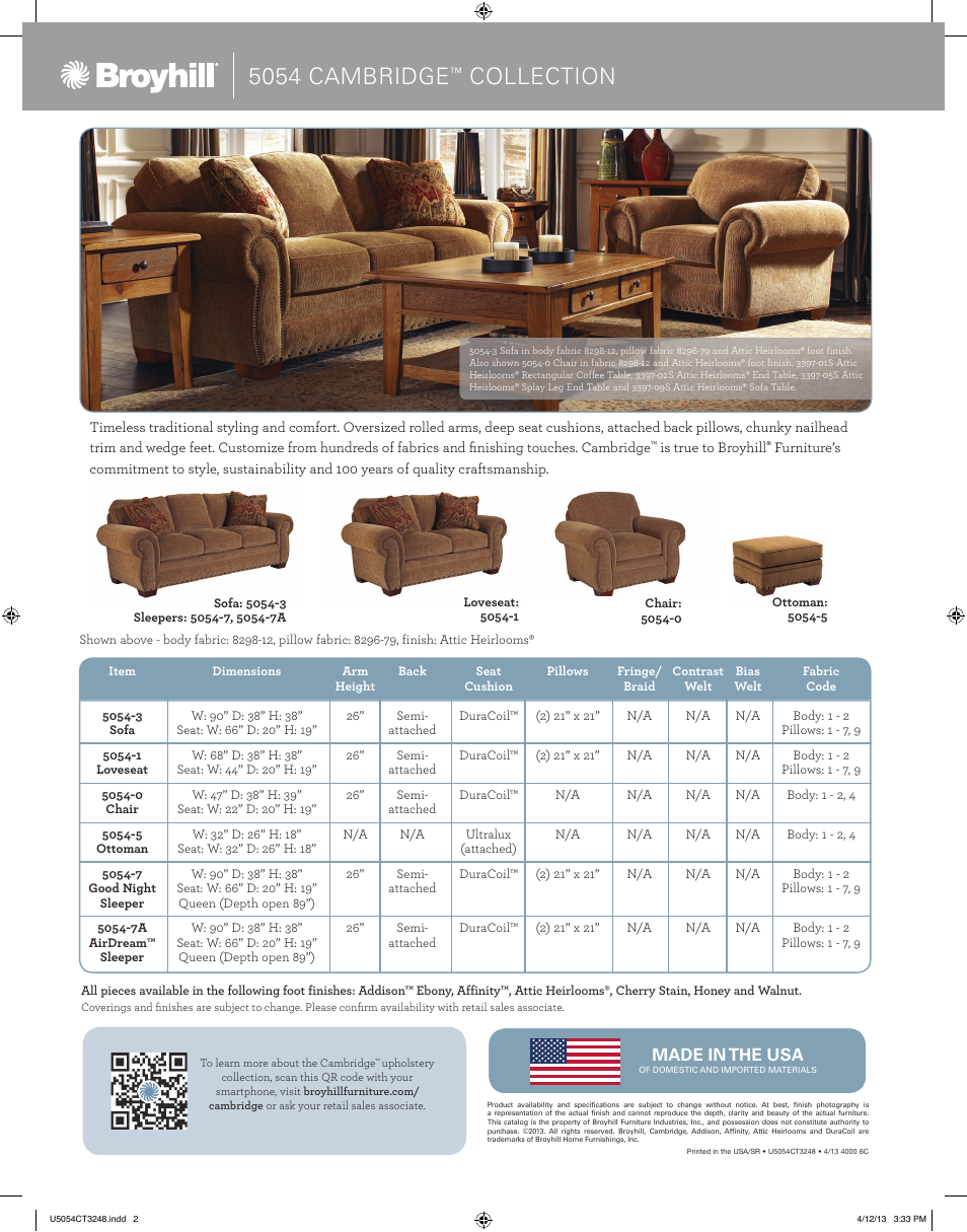 5054 cambridge, Collection | Broyhill CAMBRIDGE SOFA, CHAIRS, OTTOMAN Product Details User Manual | Page 2 / 2