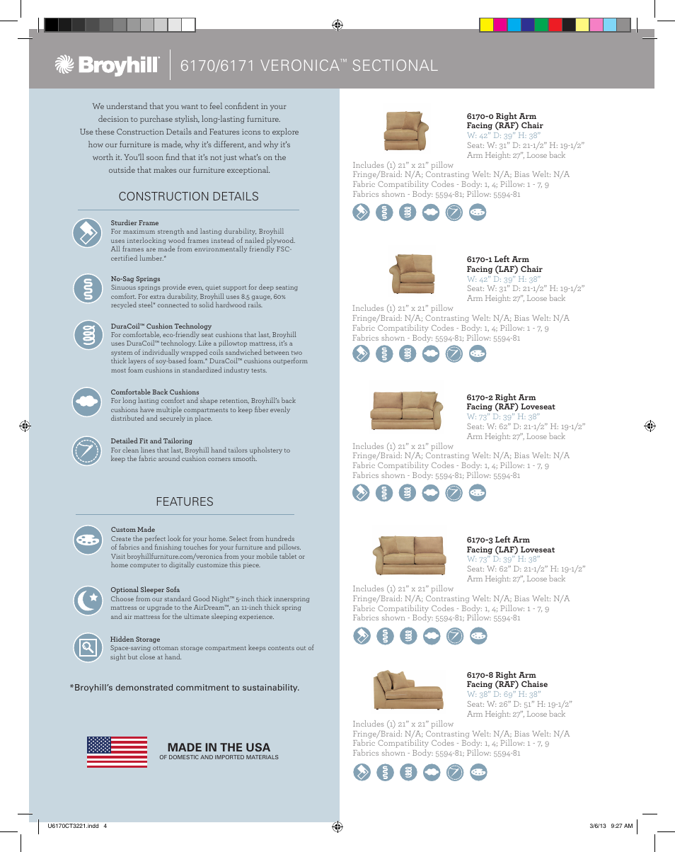 Construction details features, Made in the usa | Broyhill VERONICA SECTIONAL Product Details User Manual | Page 2 / 4