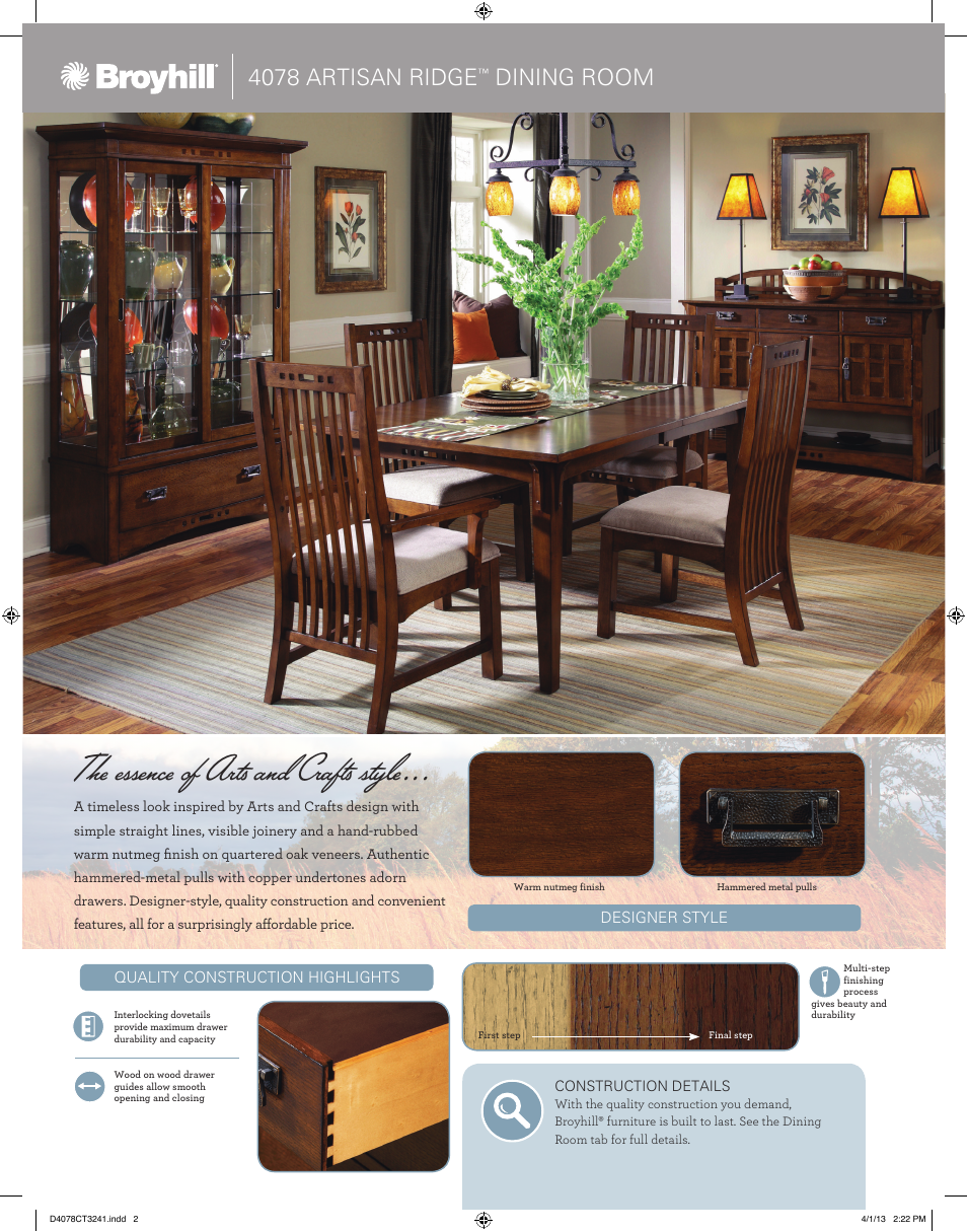 The essence of arts and crafts style, 4078 artisan ridge, Dining room | Broyhill ARTISAN RIDGE SIDEBOARD Product Details User Manual | Page 2 / 4