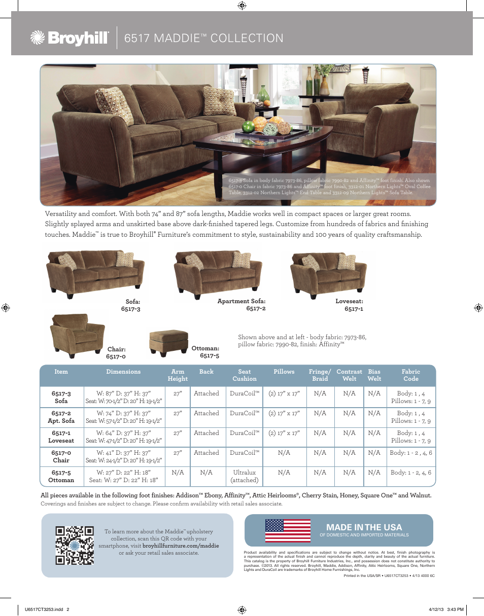 6517 maddie, Collection | Broyhill MADDIE APARTMENT SOFA, CHAIRS Product Details User Manual | Page 2 / 2