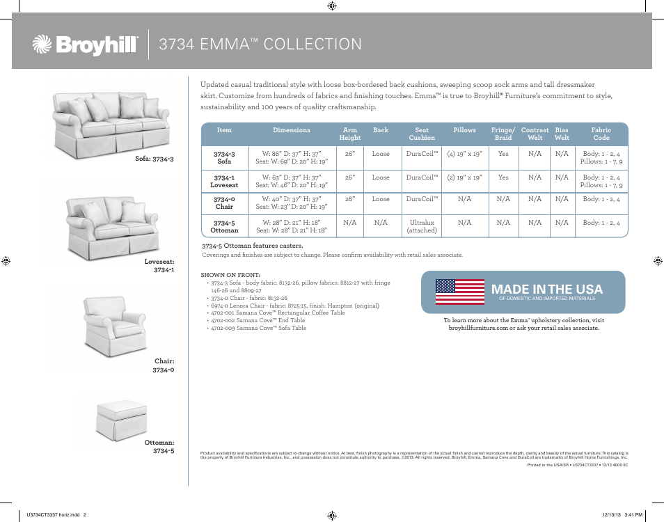 3734 emma, Collection, Made in the usa | Broyhill EMMA SOFA, CHAIRS Product Details User Manual | Page 2 / 2