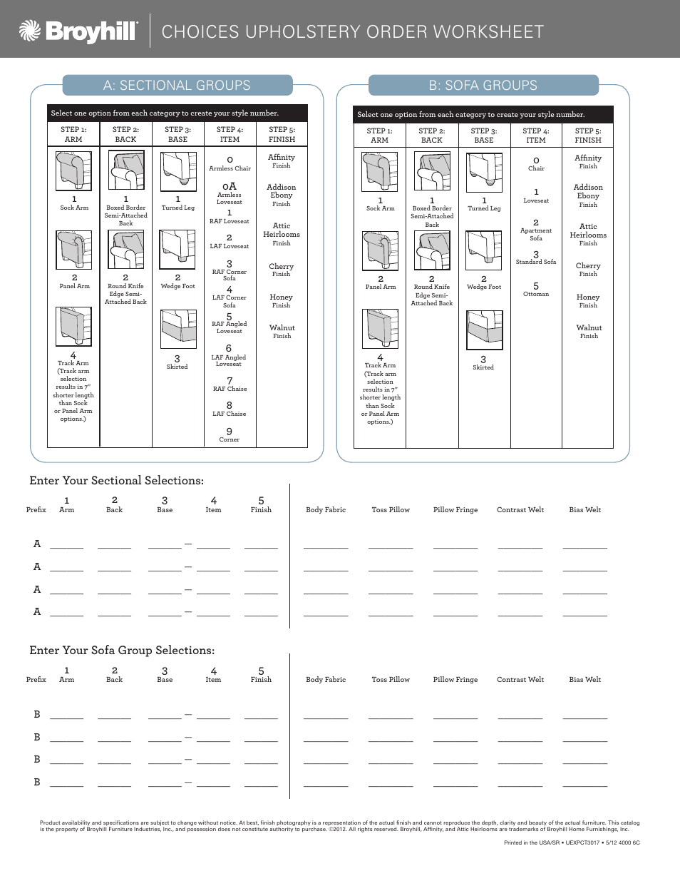 Choices upholstery order worksheet, Enter your sofa group selections | Broyhill CHOICES SECTIONAL, CHAIRS, OTTOMAN (DESIGN YOUR OWN) Product Details User Manual | Page 8 / 8