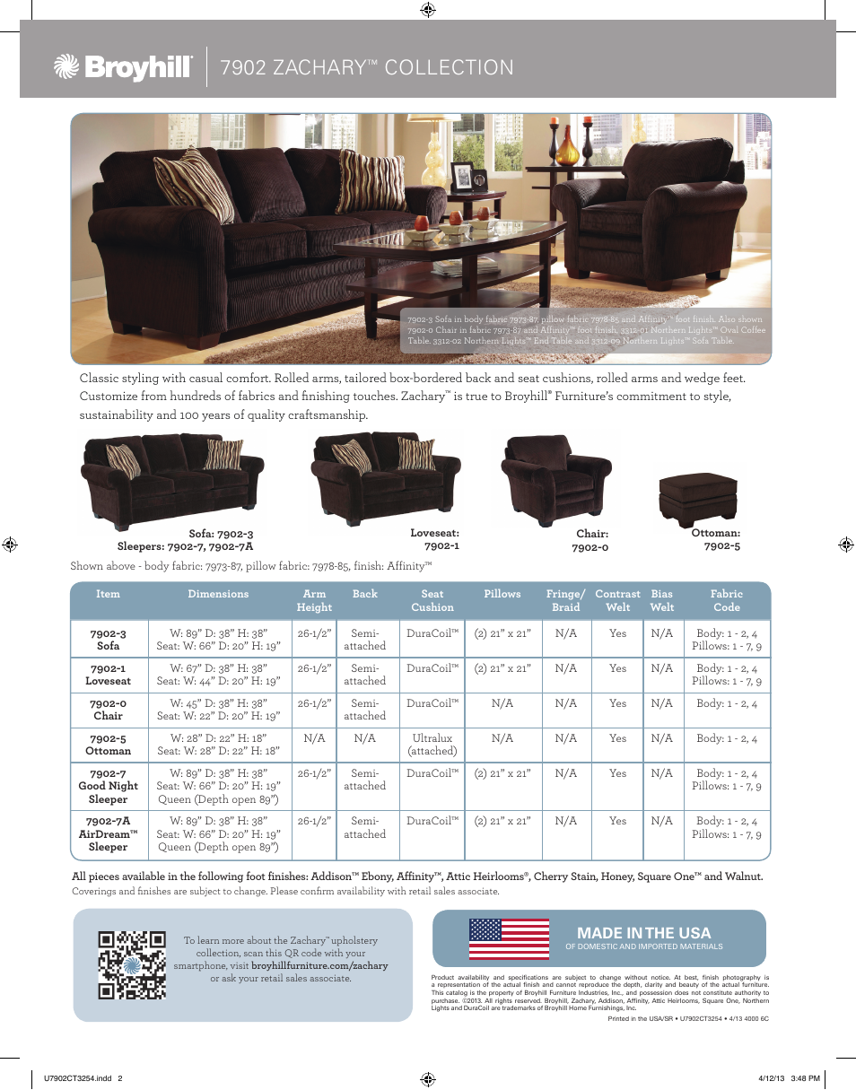 7902 zachary, Collection | Broyhill ZACHARY SOFA, CHAIRS, OTTOMAN Product Details User Manual | Page 2 / 2