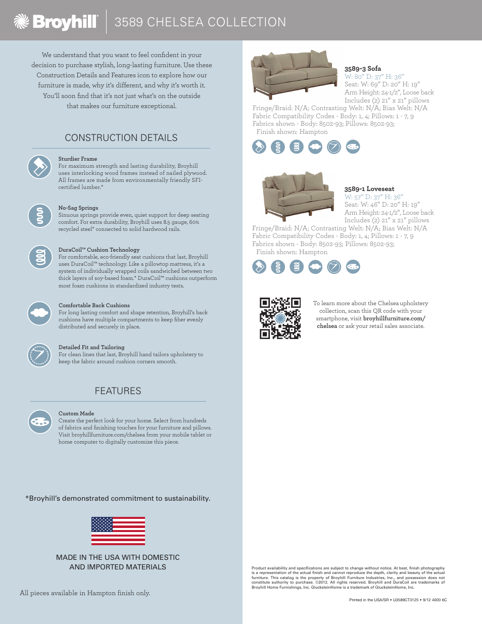 3589 chelsea collection, Construction details features | Broyhill CHELSEA SOFA Product Details User Manual | Page 2 / 2