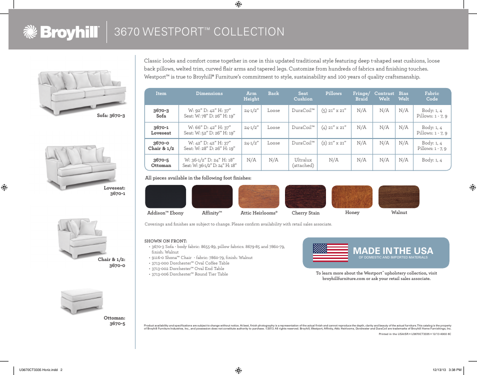 3670 westport, Collection, Made in the usa | Broyhill WESTPORT SOFA, CHAIRS, OTTOMAN Product Details User Manual | Page 2 / 2