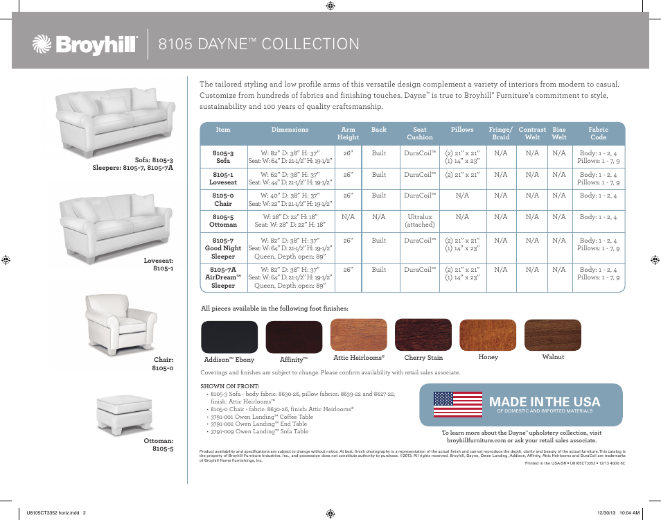 8105 dayne, Collection, Made in the usa | Broyhill DAYNE SOFA, CHAIRS, OTTOMAN Product Details User Manual | Page 2 / 2