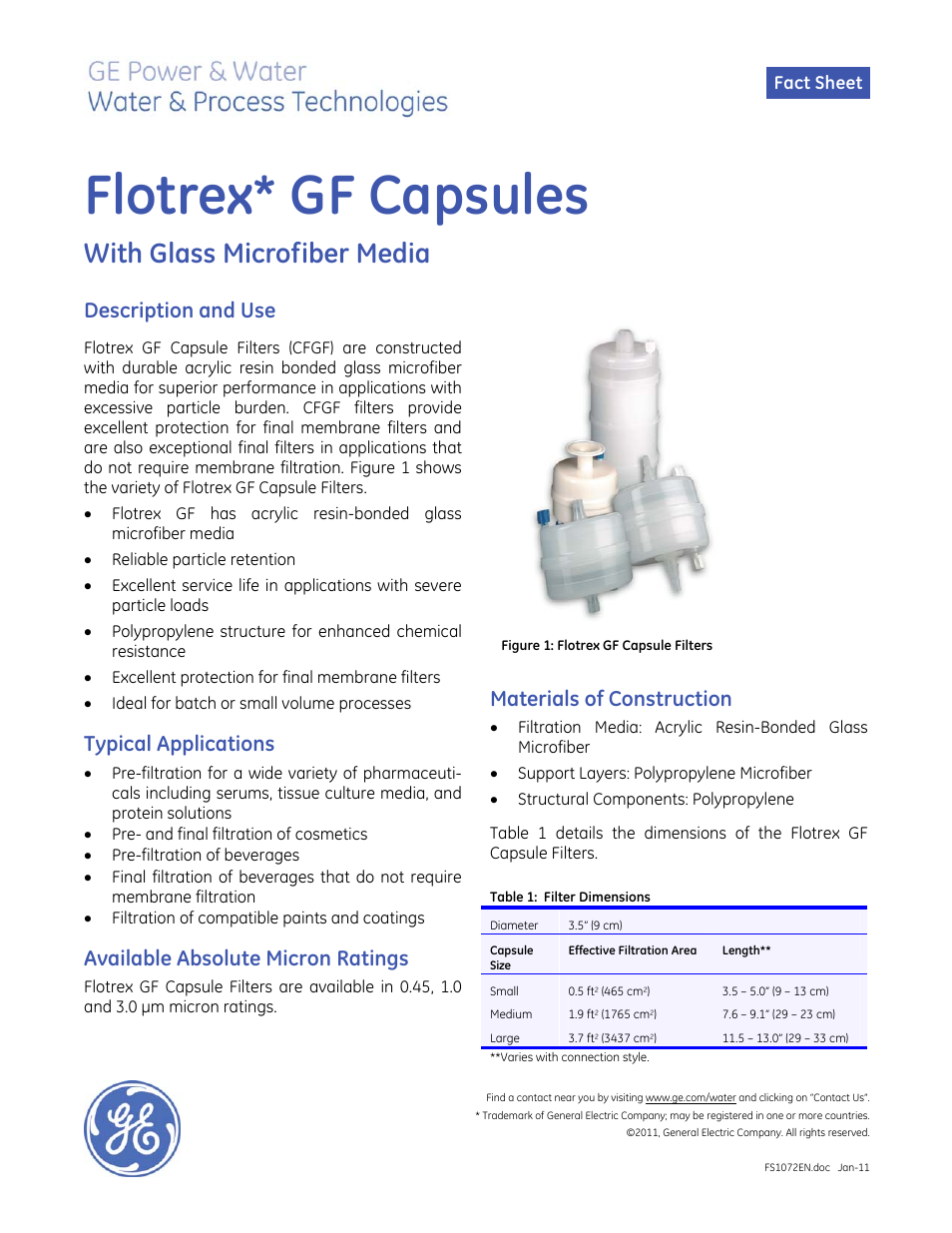 GE P&W Pleated Filters - Flotrex GF Capsule Pleated Filters User Manual | 2 pages