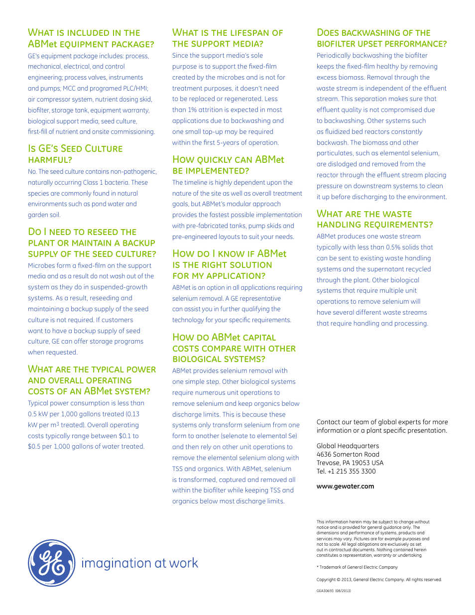 What is included in the abm, Equipment package, Is ge’s seed culture harmful | System, What is the lifespan of the support media, How quickly can abm, Be implemented, How do i know if abm, Is the right solution for my application, How do abm | GE P&W ABMet for Selenium Removal User Manual | Page 3 / 3