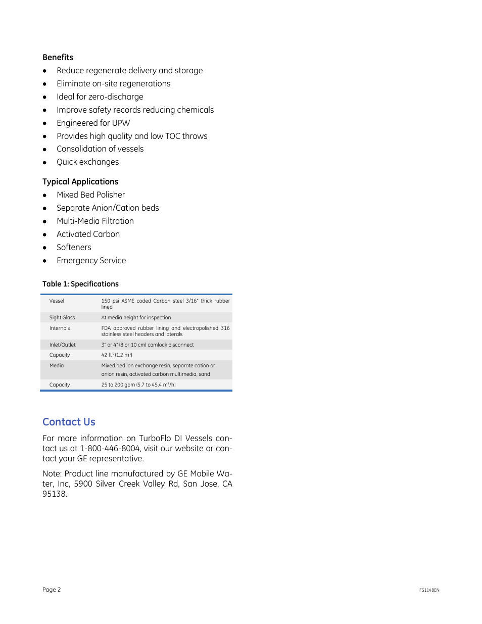 Contact us | GE P&W Service Deionization (SDI) - TurboFlo DI Vessels User Manual | Page 2 / 2