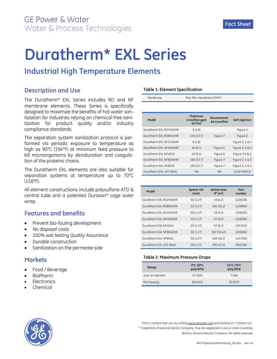 GE P&W Spiral Wound Membranes - Duratherm EXL Series User Manual | 4 pages