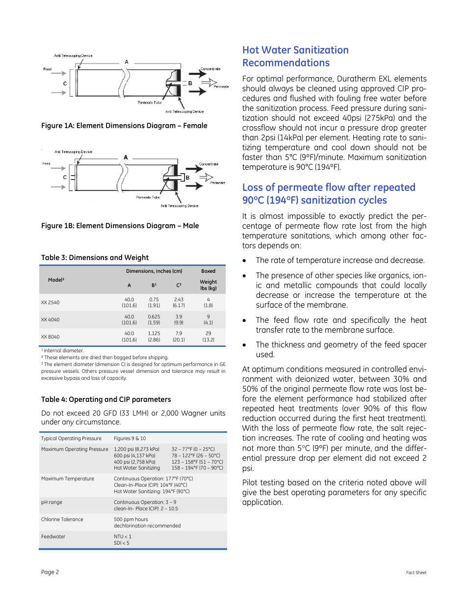 Hot water sanitization recommendations | GE P&W Spiral Wound Membranes - Duratherm EXL Series User Manual | Page 2 / 4