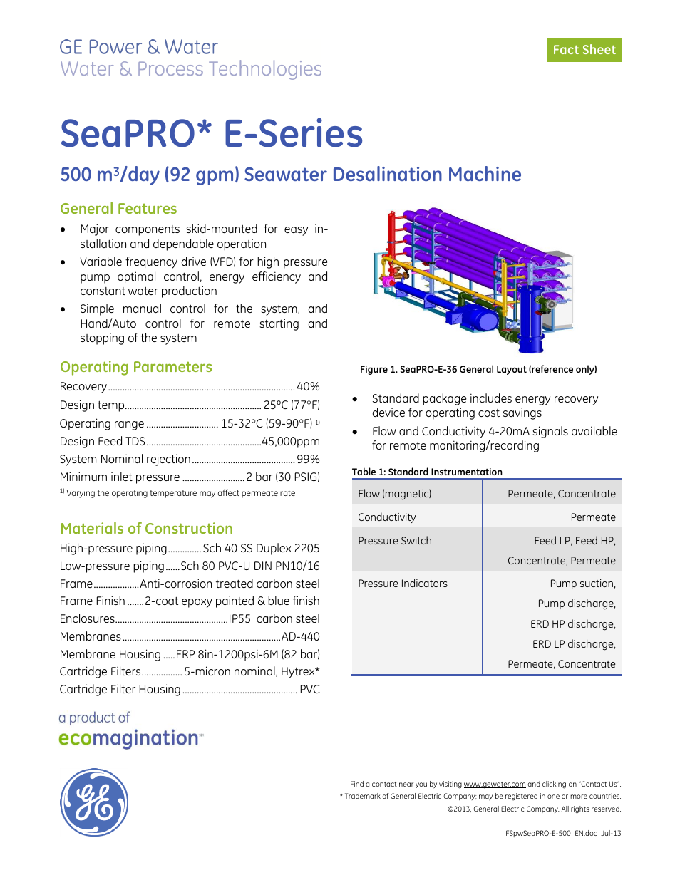 GE P&W SeaPRO-E-36 - 500 m3_day (92 gpm) User Manual | 2 pages