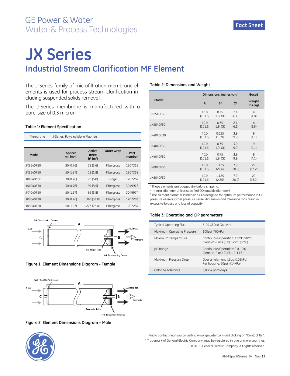 GE P&W Spiral Wound Membranes - JX Series User Manual | 1 page