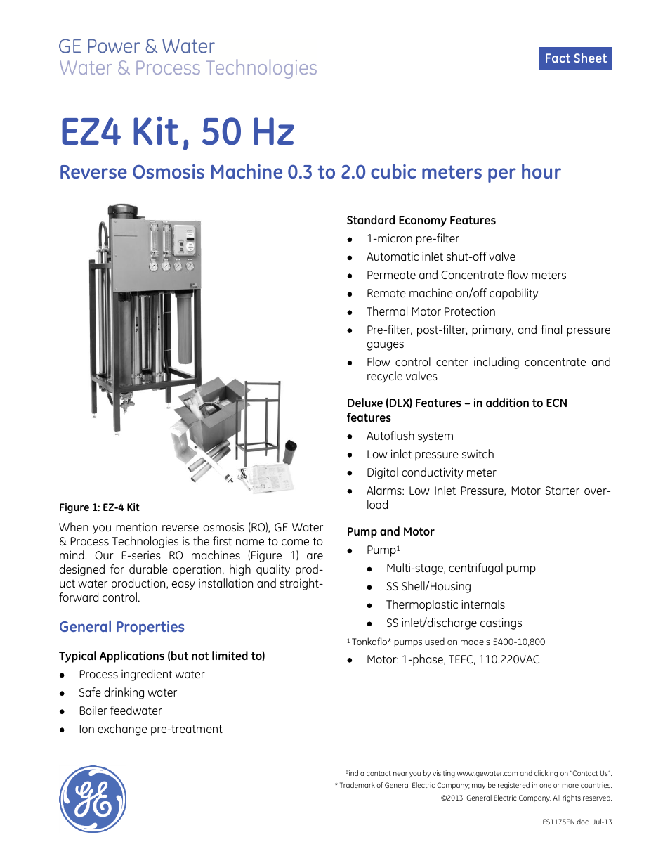 GE P&W E-Series Reverse Osmosis - EZ-4 Kit 50 Hz User Manual | 2 pages