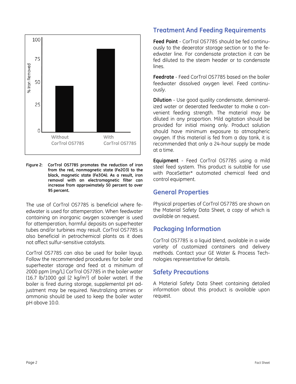 Treatment and feeding requirements, General properties, Packaging information | Safety precautions | GE P&W Hydrogen Sulfide Scavengers - CorTrol OS7785 User Manual | Page 2 / 2