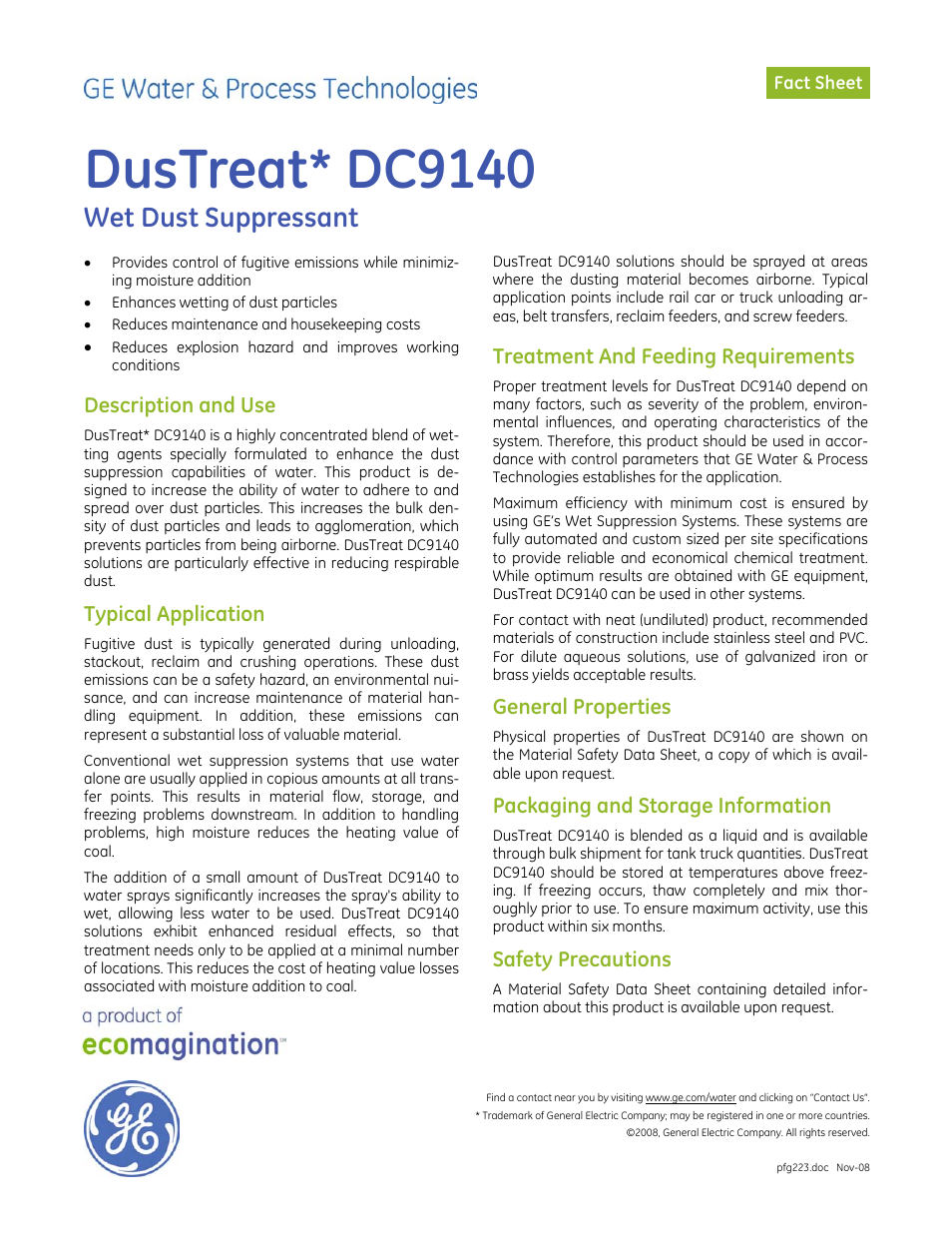 GE P&W CoalPlus - DusTreat DC9140 User Manual | 1 page