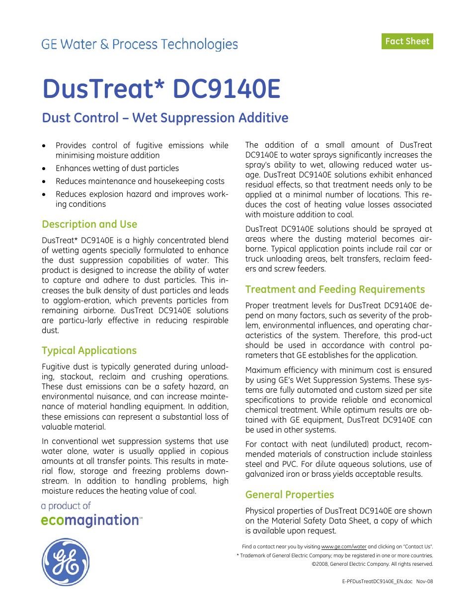GE P&W CoalPlus - DusTreat DC9140E User Manual | 2 pages