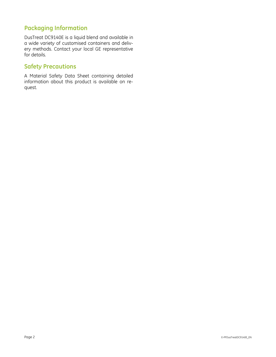 Packaging information, Safety precautions | GE P&W CoalPlus - DusTreat DC9140E User Manual | Page 2 / 2