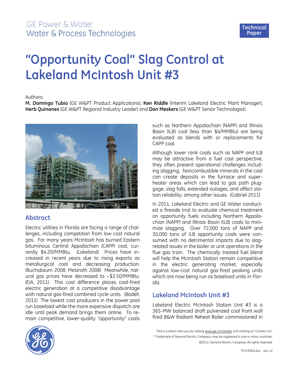 GE P&W FuelSolv - Opportunity Coal Slag Control at Lakeland McIntosh Unit #3 User Manual | 10 pages