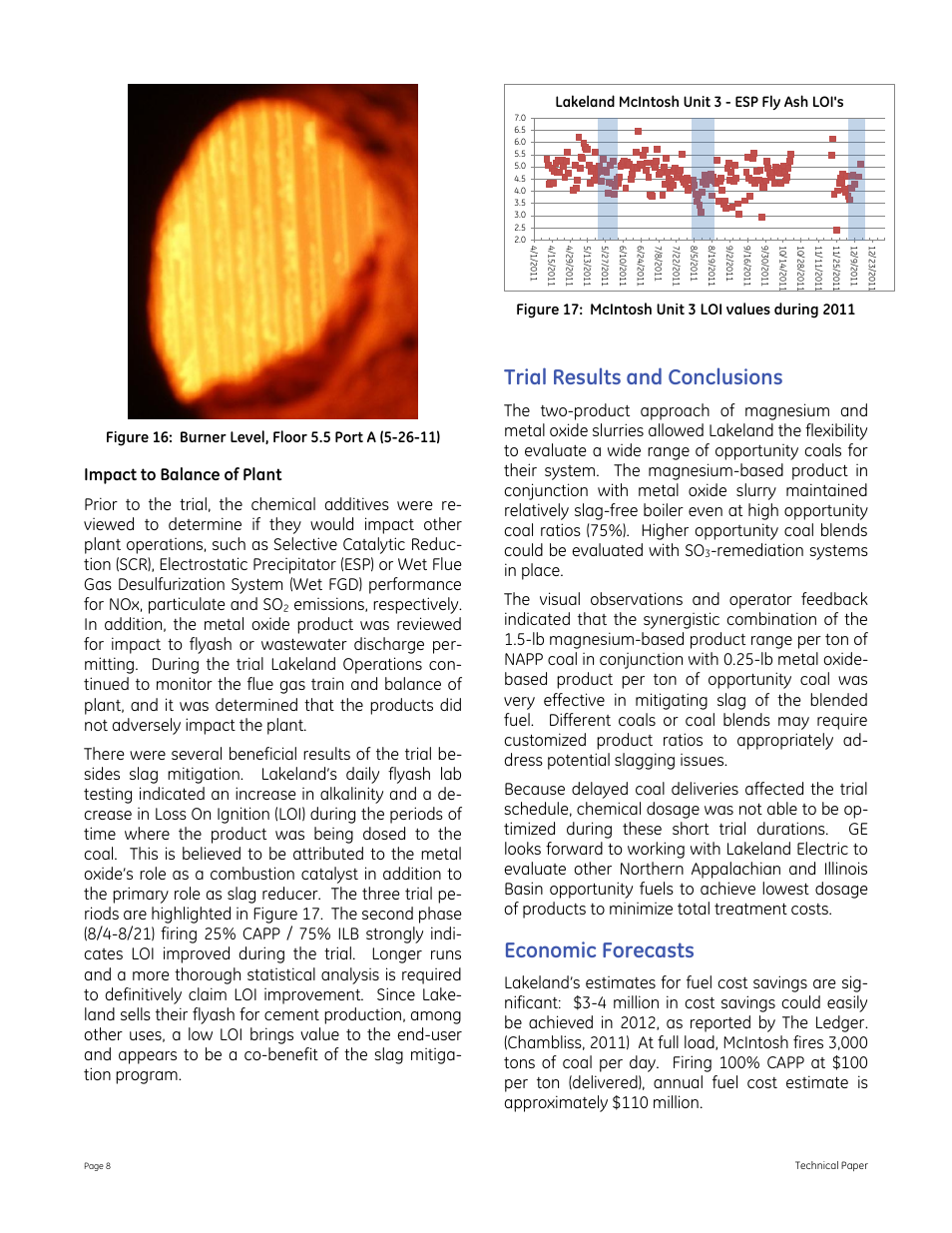 Trial results and conclusions, Economic forecasts, Lakeland mcintosh unit 3 - esp fly ash loi's | GE P&W FuelSolv - Opportunity Coal Slag Control at Lakeland McIntosh Unit #3 User Manual | Page 8 / 10