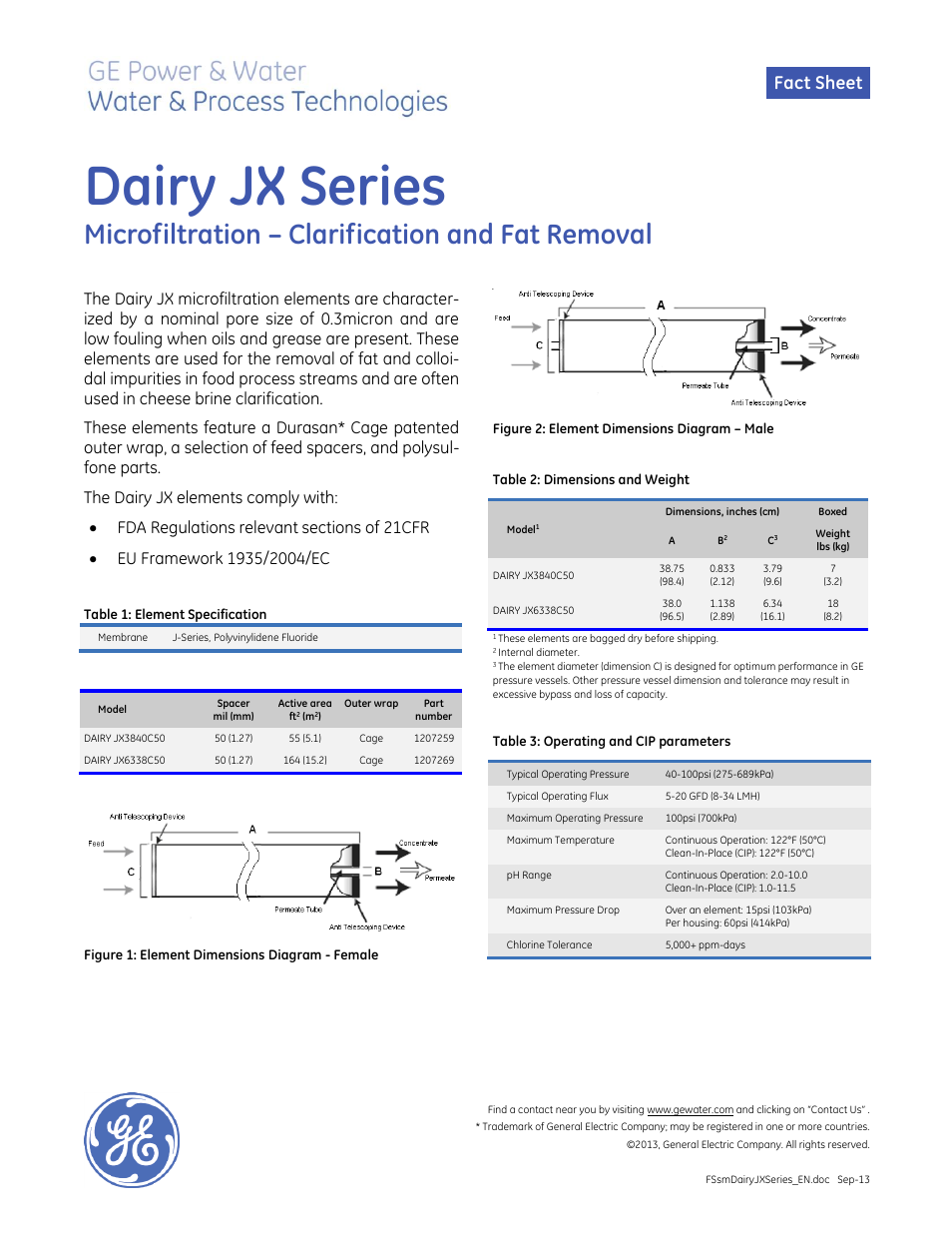 GE P&W Spiral Wound Membranes - Dairy JX Series User Manual | 1 page