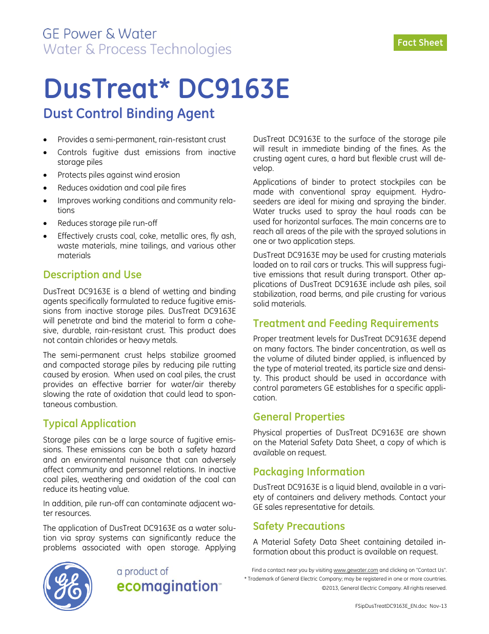 GE P&W CoalPlus - DusTreat DC9163E User Manual | 1 page