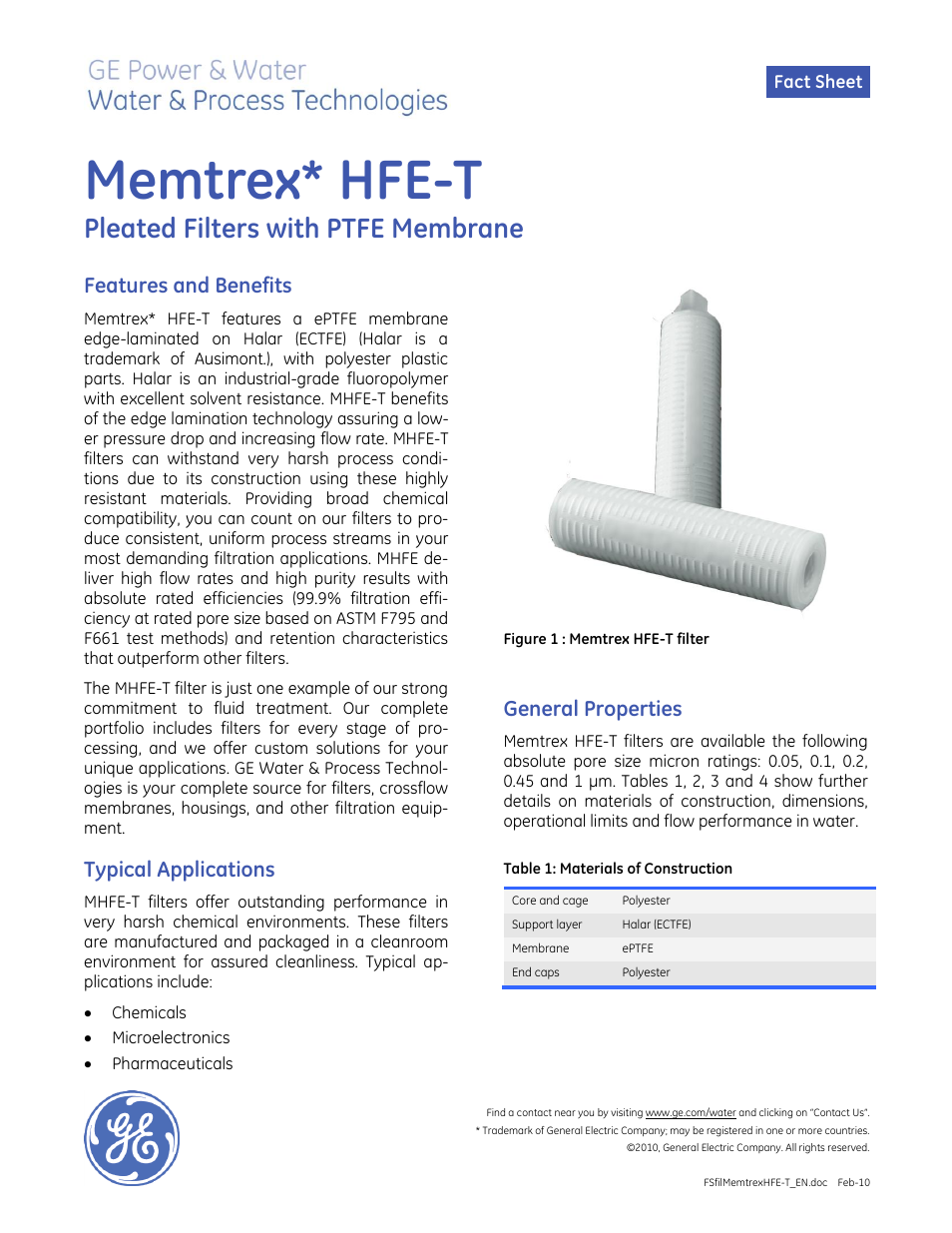 GE P&W Pleated Filters - Memtrex HFE-T - Polyester PTFE User Manual | 2 pages