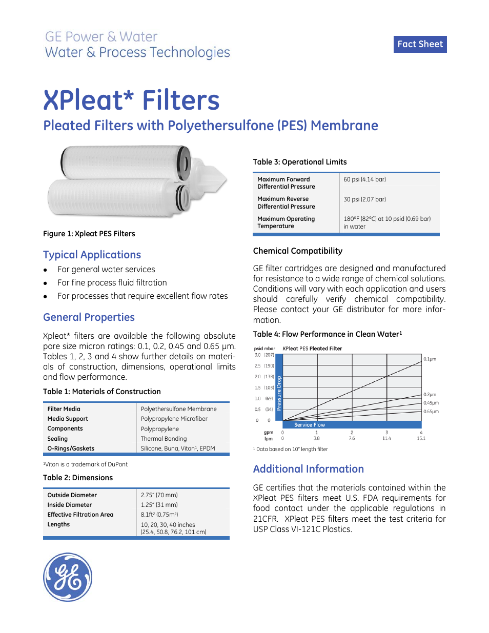 GE P&W Pleated Filters - XPleat PES Pleated Filters User Manual | 2 pages