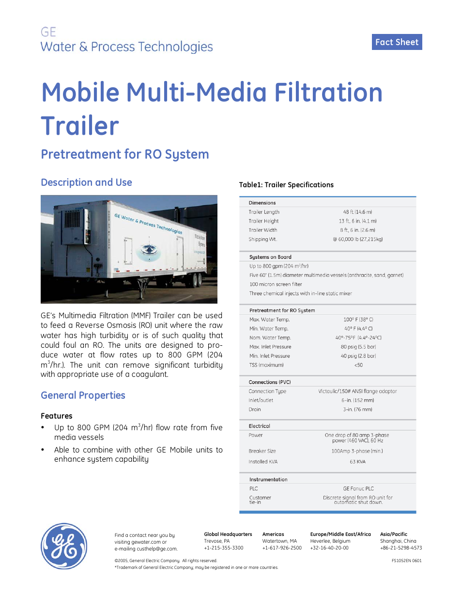 GE P&W Mobile Water Treatment Systems - Mobile Multi-Media Filtration Trailer User Manual | 2 pages