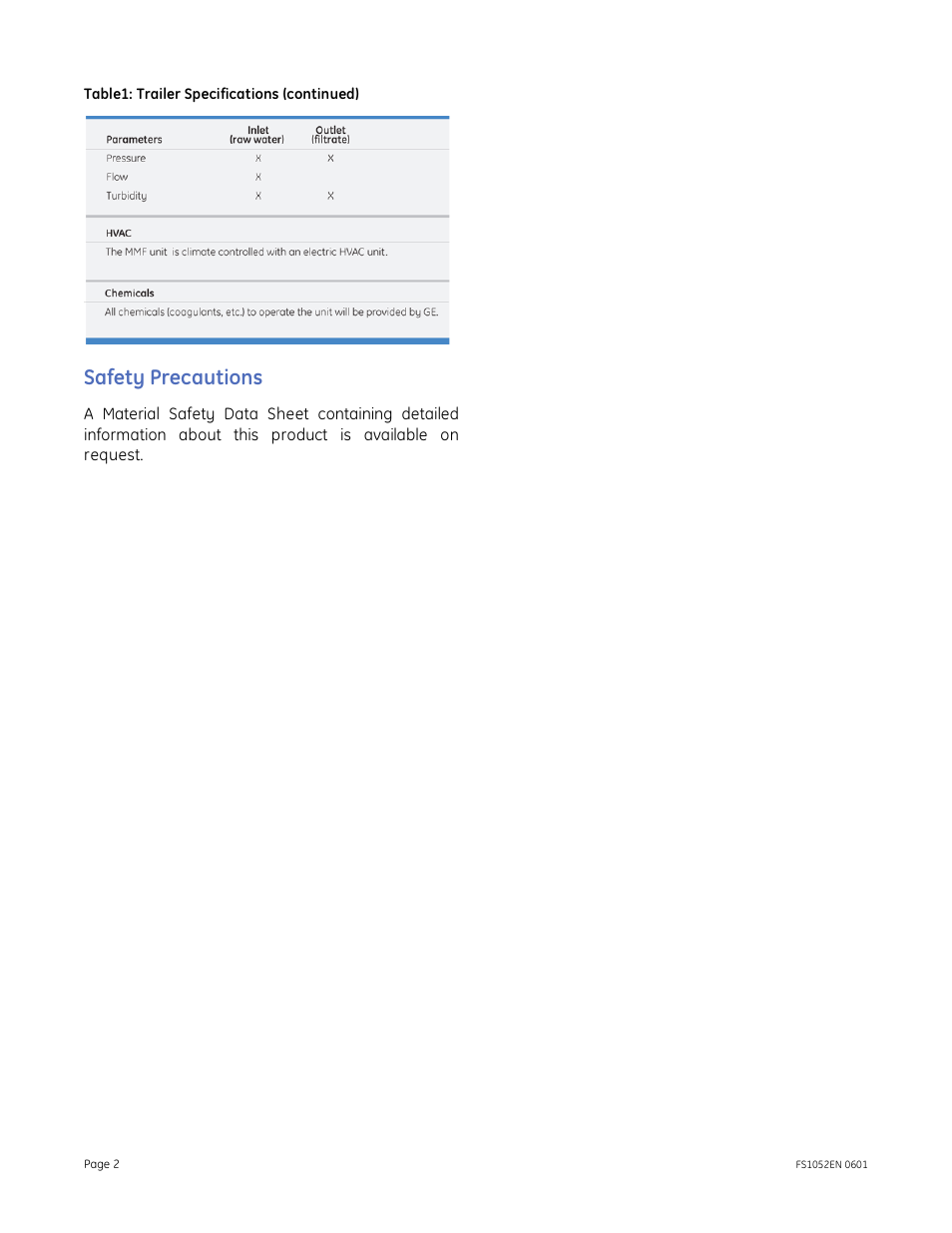 Safety precautions | GE P&W Mobile Water Treatment Systems - Mobile Multi-Media Filtration Trailer User Manual | Page 2 / 2