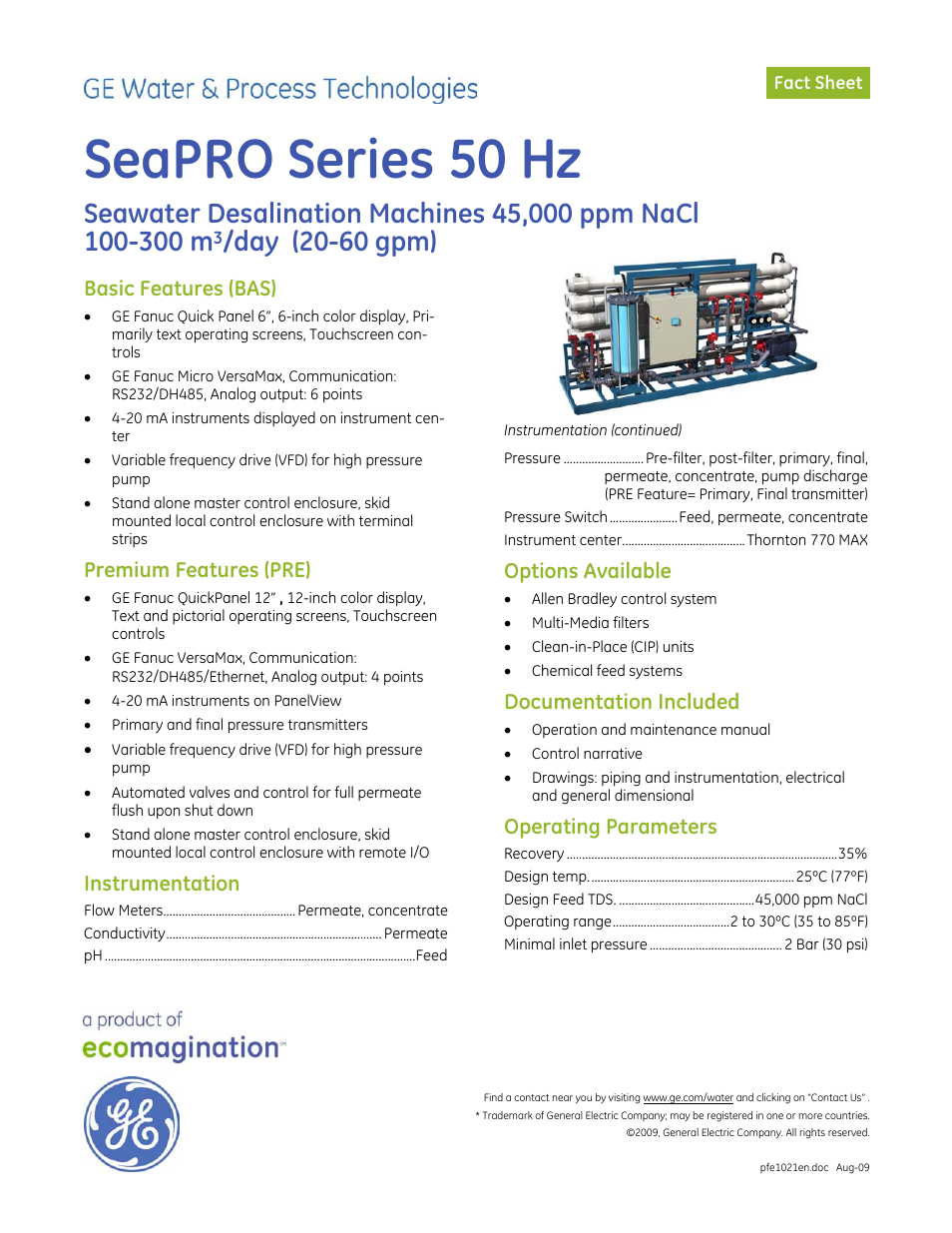 GE P&W SeaPRO Series 50 Hz 45,000 ppm NaCl 100-300 m3_day User Manual | 2 pages