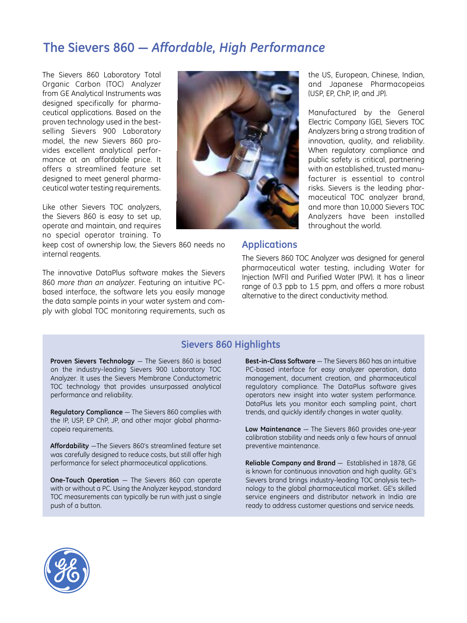 The sievers 860 — affordable, high performance, Applications, Sievers 860 highlights | GE P&W Ultrapure and Drinking Water TOC Analyzers - Sievers 860 Laboratory TOC Analyzer & GE Autosampler RT12 User Manual | Page 2 / 5