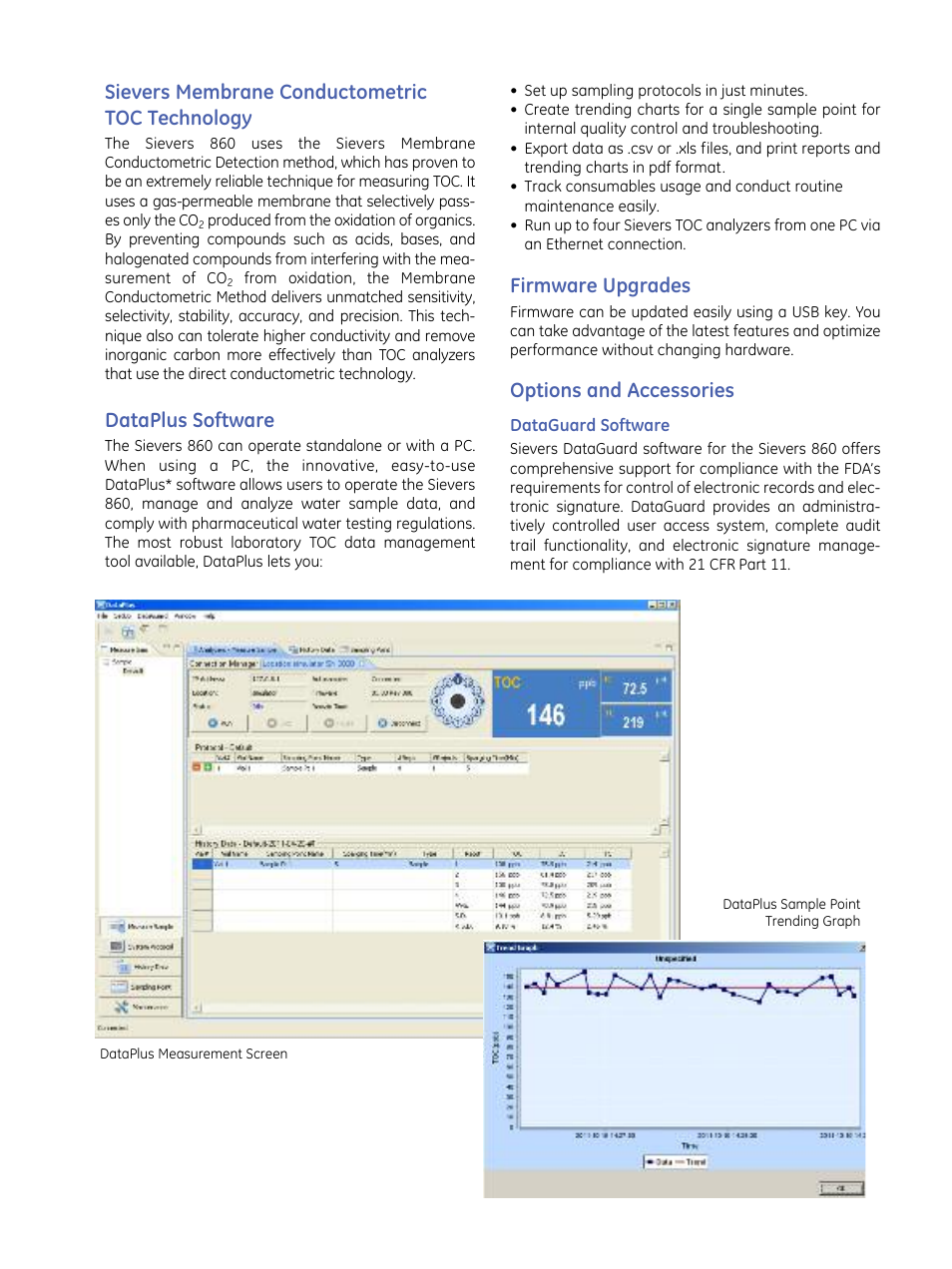 Sievers membrane conductometric toc technology, Dataplus software, Firmware upgrades | Options and accessories | GE P&W Ultrapure and Drinking Water TOC Analyzers - Sievers 860 Laboratory TOC Analyzer & GE Autosampler RT12 User Manual | Page 3 / 5