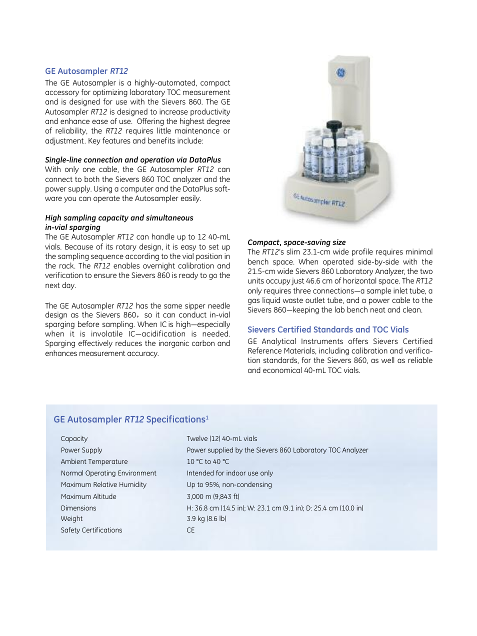 Ge autosampler rt12 specifications | GE P&W Ultrapure and Drinking Water TOC Analyzers - Sievers 860 Laboratory TOC Analyzer & GE Autosampler RT12 User Manual | Page 4 / 5