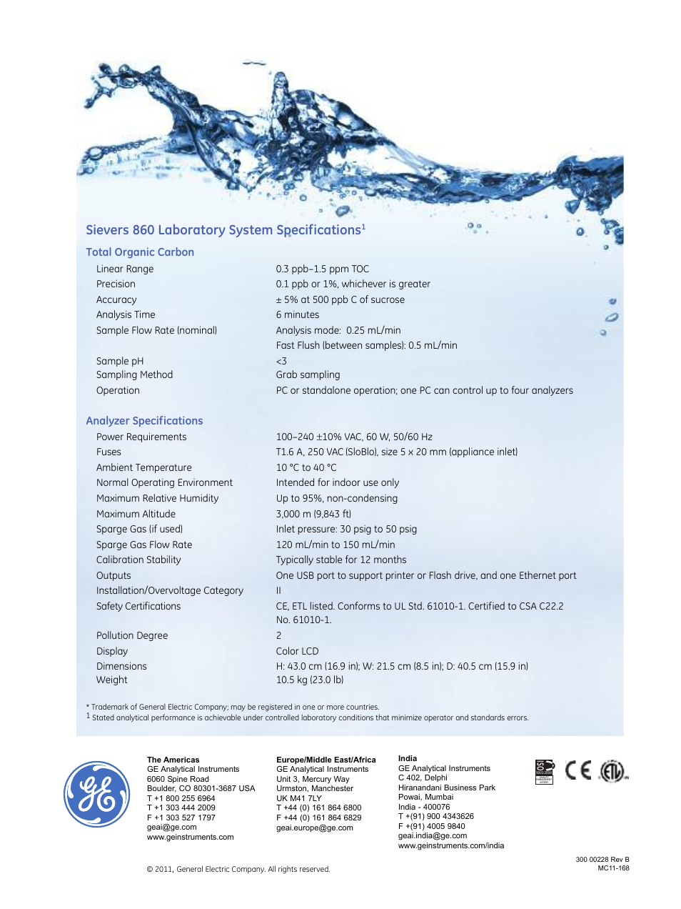 Sievers 860 laboratory system specifications | GE P&W Ultrapure and Drinking Water TOC Analyzers - Sievers 860 Laboratory TOC Analyzer & GE Autosampler RT12 User Manual | Page 5 / 5