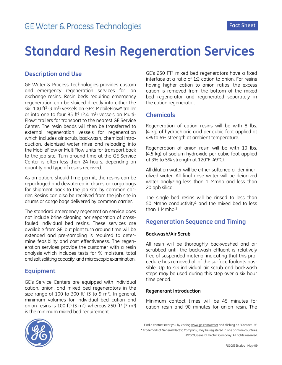 GE P&W Mobile Water Treatment Systems - Standard Resin Regeneration Services User Manual | 2 pages