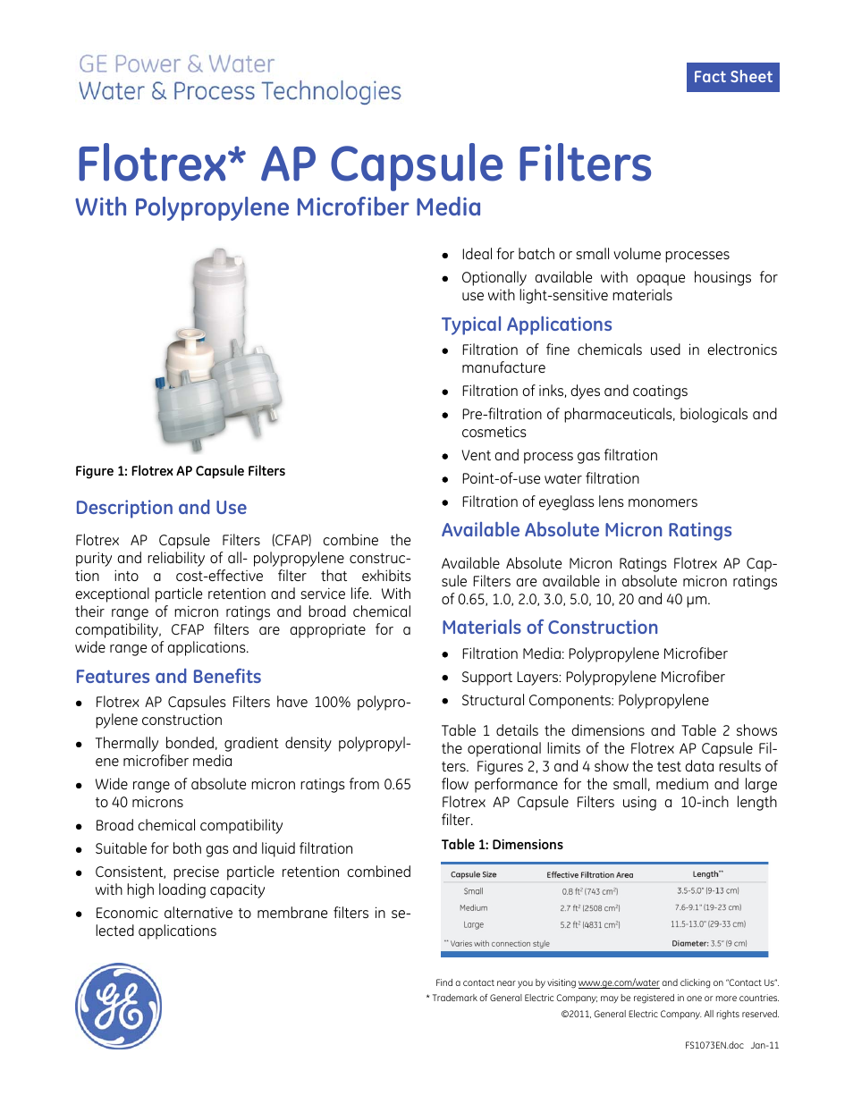 GE P&W Pleated Filters - Flotrex AP Capsule with Polypropylene Microfiber Media, Nominal User Manual | 2 pages