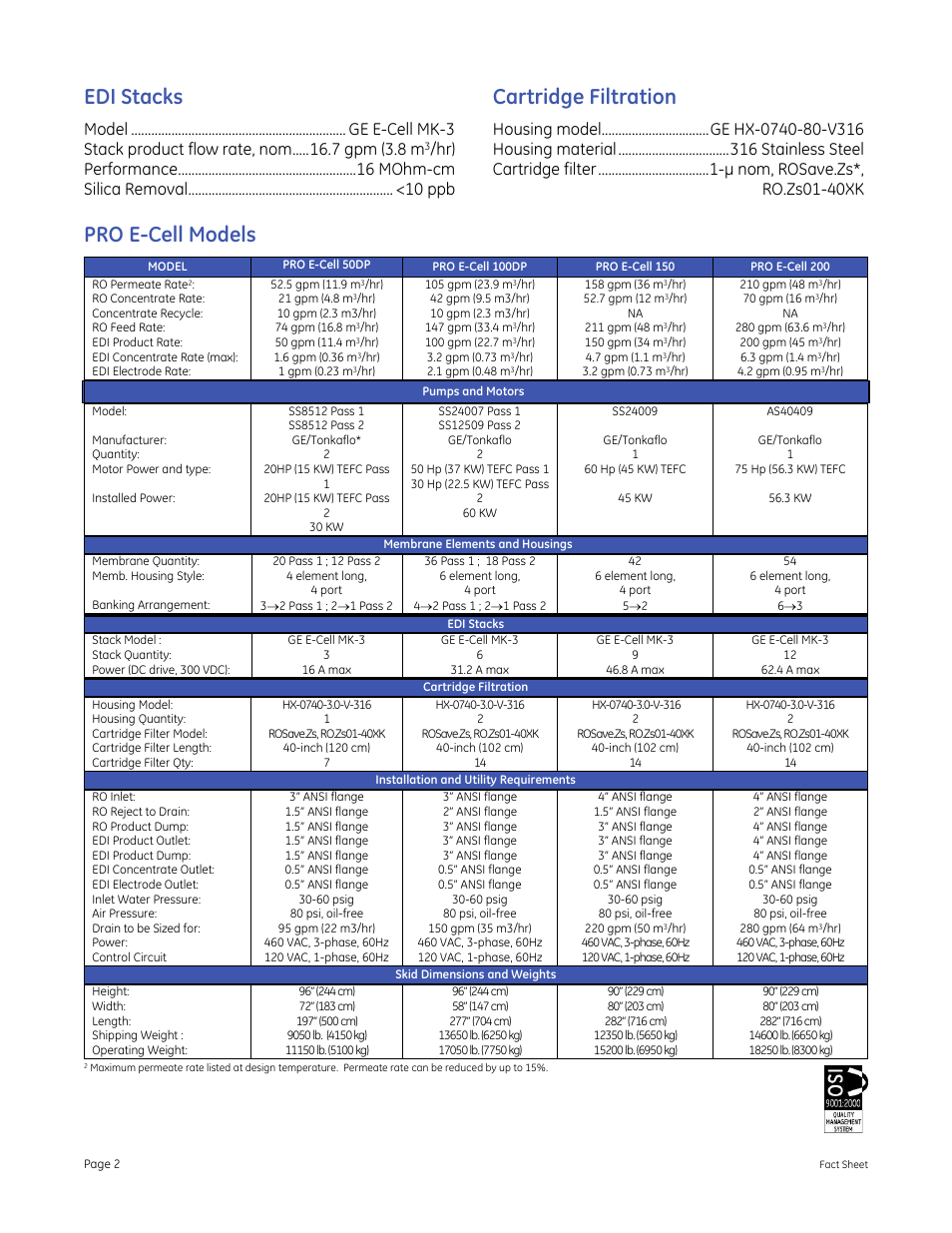 Edi stacks, Cartridge filtration, Pro e-cell models | GE P&W PRO E-Cell User Manual | Page 2 / 2