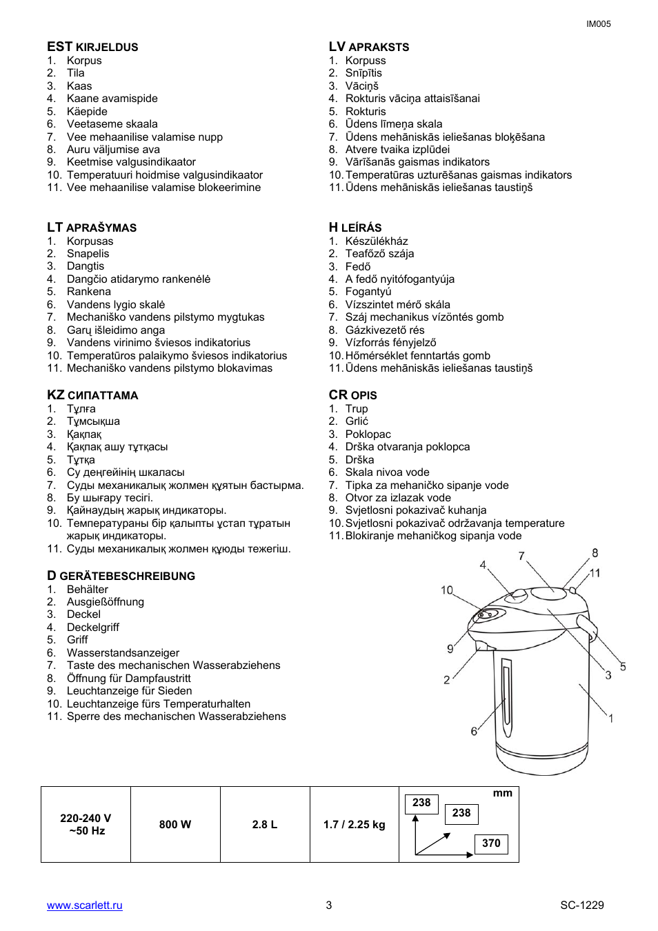 Est kirjeldus, Lv apraksts, Lt aprašymas | H leírás, Kz сипаттама, Cr opis | Scarlett SC-1229 User Manual | Page 3 / 15
