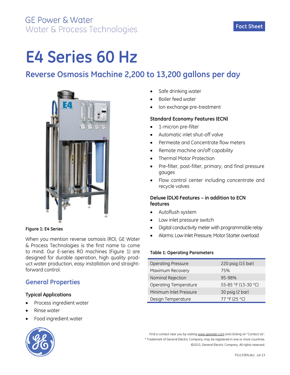 GE P&W E-Series Reverse Osmosis - E4 60 Hz User Manual | 2 pages