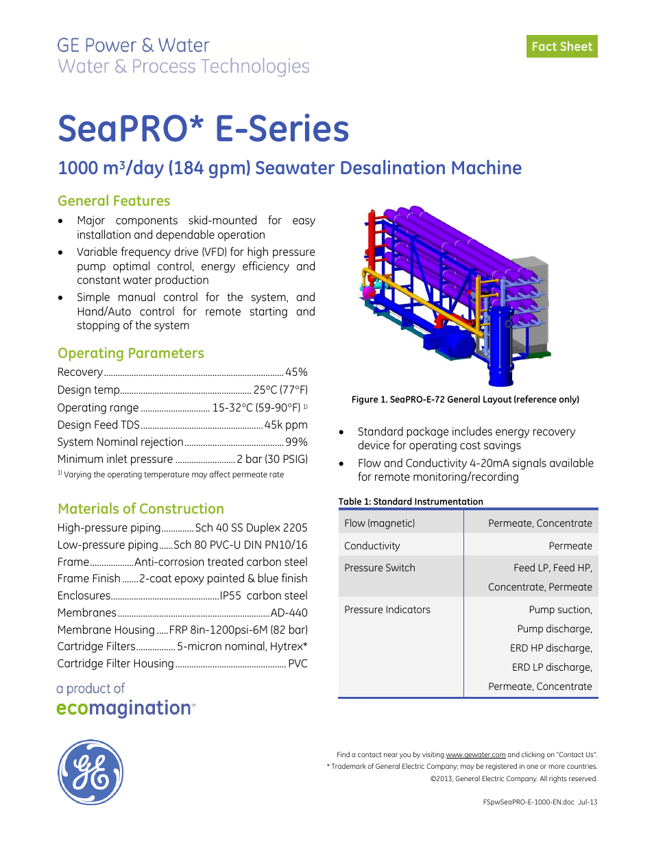 GE P&W SeaPRO-E-72 - 1000 m3_day (184 gpm) User Manual | 2 pages