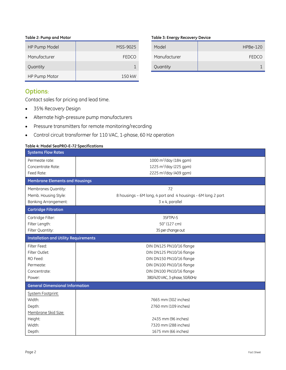 Options | GE P&W SeaPRO-E-72 - 1000 m3_day (184 gpm) User Manual | Page 2 / 2