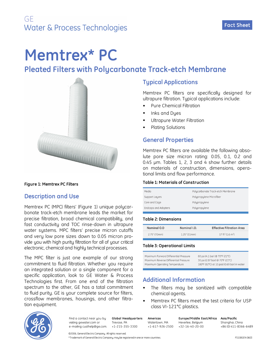 GE P&W Pleated Filters - Memtrex PC Pleated Filters User Manual | 2 pages