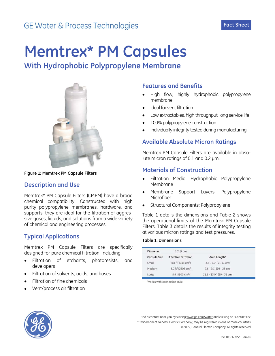 GE P&W Pleated Filters - Memtrex PM Capsule Filters with Hydrophobic Polypropylene Membrane, Absolute User Manual | 2 pages