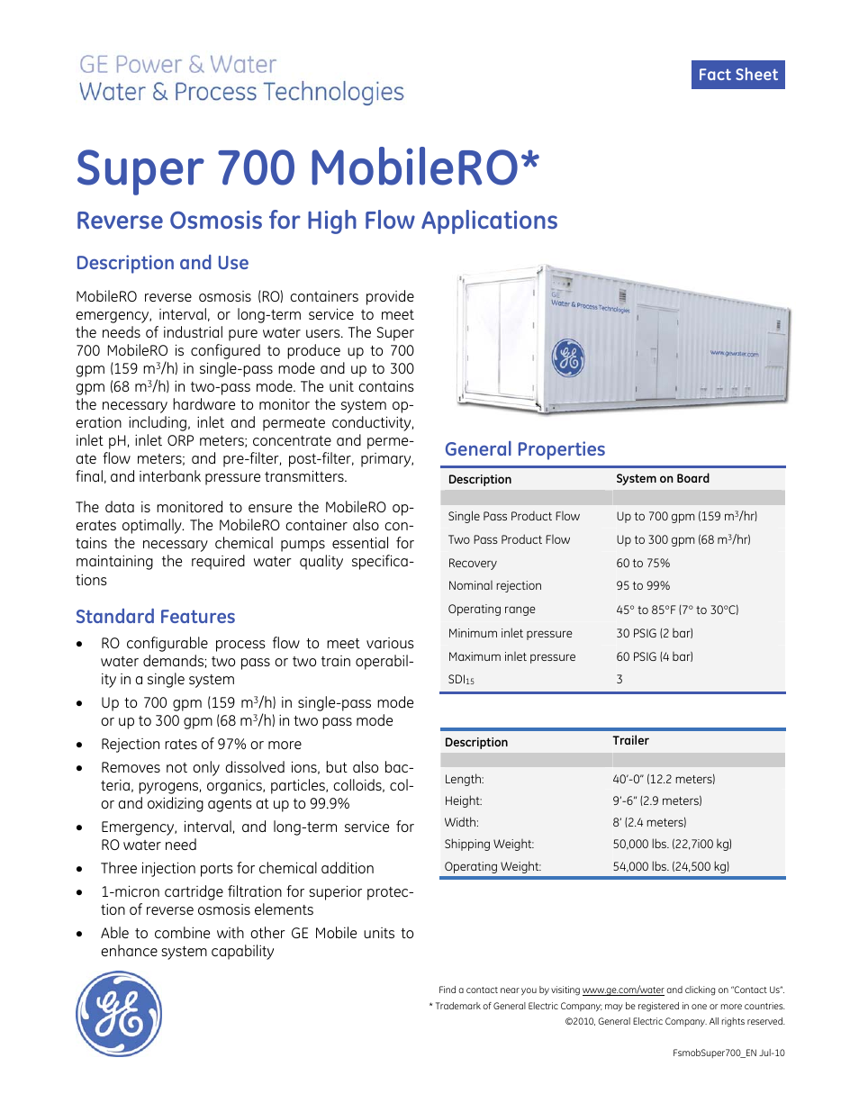 GE P&W Mobile Water Treatment Systems - Super 700 MobileRO User Manual | 2 pages