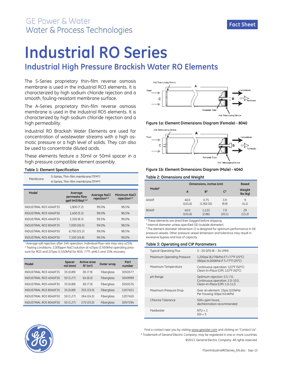 GE P&W Spiral Wound Membranes - Industrial RO Series User Manual | 1 page